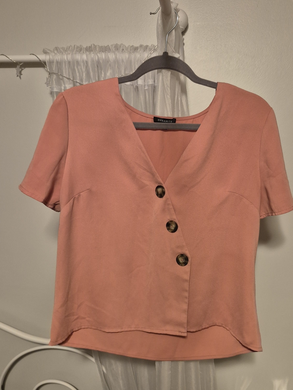 Dynamite- Coral Button-Down V-Neck Short Sleeve Top